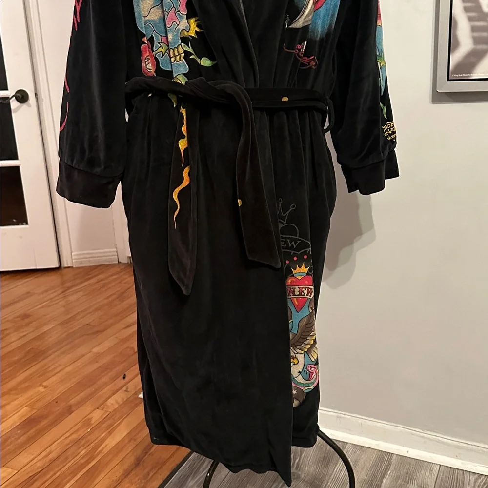 Y2K Ed Hardy Velvet Robe Coat Skull Tattoo Graphic Black S/M Luxury Streetwear - Picture 5 of 15